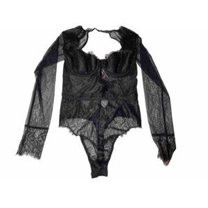 Victoria Secret Black Lingerie One Piece Long Sleeve Body Suit Lace 34b / 170
